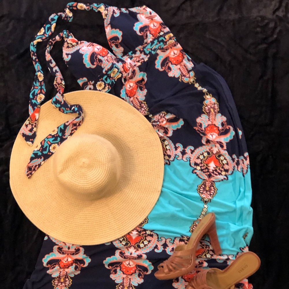 Aztec Design Long Halter Maxi Dress